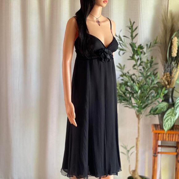 Y2K Vintage 100% Silk Black Midi Babydoll Slip Dress Rosette Detail Size‎ S - Picture 1 of 8